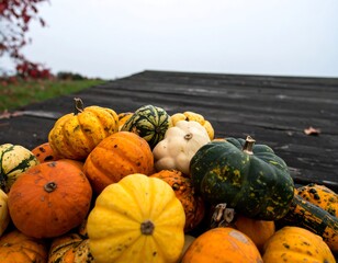 A rustic scene of colorful pumpkins, piled on weathered wooden planks with autumnal foliage and a moody sky