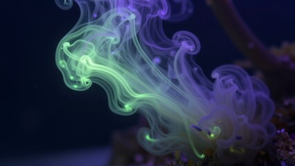 Swirling ethereal wisps of luminous green and purple smoke form abstract shapes in dark water
