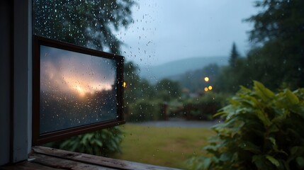 Raindrops on a window frame a golden sunset reflection over a misty rolling landscape at dusk
