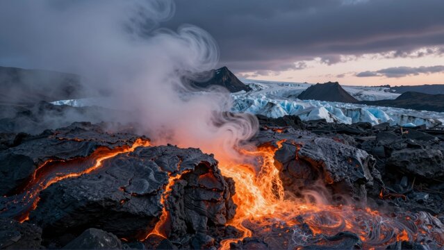 Fiery lava flows over dark volcanic rock with a glacier in the distance under a cloudy sky