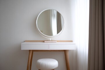 A mirror placed on a dressing table in a minimalist-style room