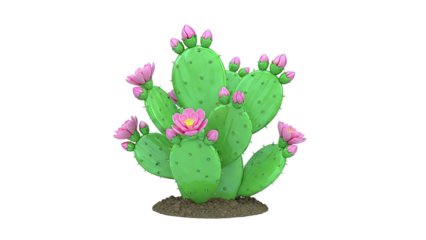 Cartoon Prickly Pear Cactus with Pink Flowers and Buds