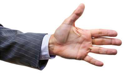 A man's hand in a business suit extended outward against a black background
