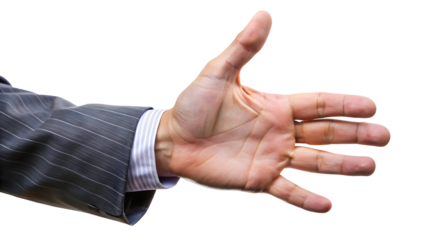 A man's hand in a business suit extended outward against a black background