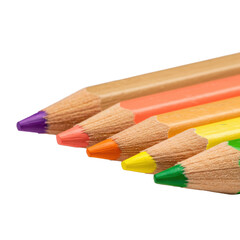 Extreme close-up of six sharpened colored pencils in a perfect row on a white background showing detailed wood grain. Concept of creativity and precision