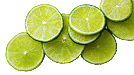 Fresh lime slices stacked with juicy citrus texture vibrant green fruit macro food photography isolated on white background