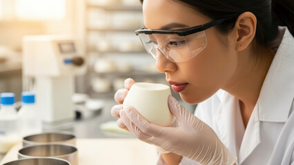 focused female scientist in protective glasses smelling freshly made cheese sample in modern dairy laboratory while testing aroma quality and flavor consistency