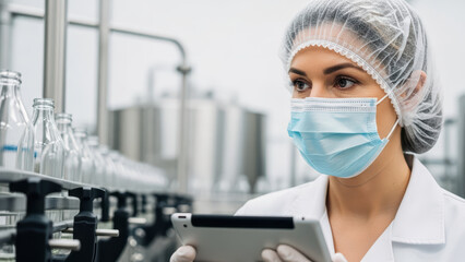 Focused female technician wearing protective mask and hairnet using digital tablet to monitor automated glass bottle production line in modern sterile laboratory facility