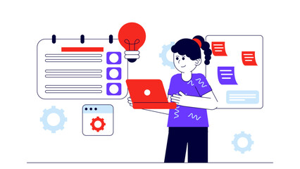 A woman managing project tasks and scheduling with calendar icons and creative lightbulb ideas