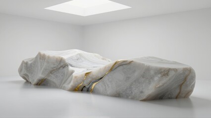 Sculptural marble form with striking gold veins resting on a clean white surface