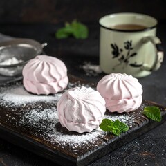 A rustic still life features three pink, swirled confections dusted with powdered sugar, mint leaves, and a ceramic mug on a wooden board