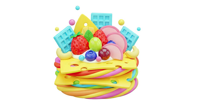 Whimsical 3D Food Art Stack with Fruit and Cheese Slices