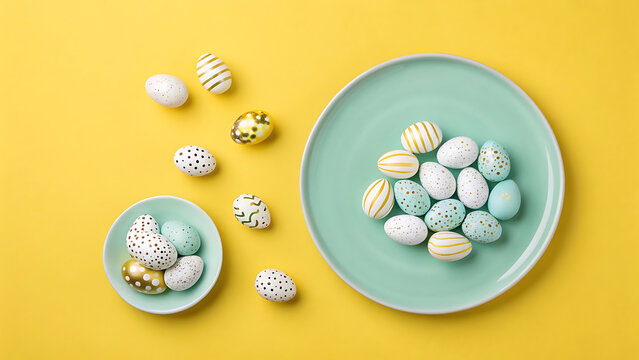 A beautifully decorated Easter egg display on pastel colored plates against a bright yellow background