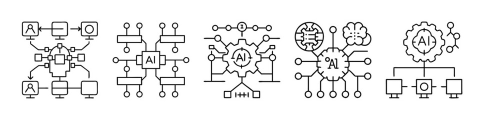 Six minimalist AI system and data network icons on transparent background