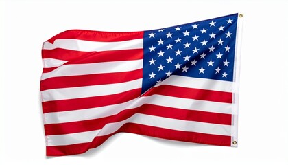 Obraz premium A waving United States of America flag with red and white stripes and blue canton with white stars, against a plain white background.