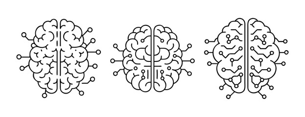 Line art brain illustrations showing neural network connections on white