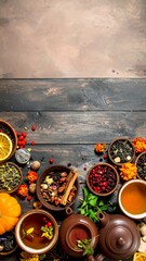 A rustic still life showcases a tea preparation scene. Wooden bowls hold various dried herbs and berries with a teapot and teacups