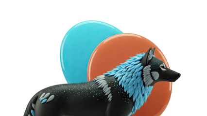 Stylized Black Wolf Sculpture with Blue Mane and Speckled Body