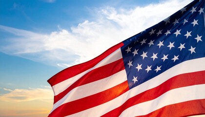 Fototapeta premium The American flag proudly waves against a vibrant blue sky with soft white clouds, illuminated by warm sunlight.