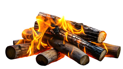 A pile of burning logs on a black background