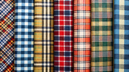 A collection of colorful plaid fabrics with various patterns and textures