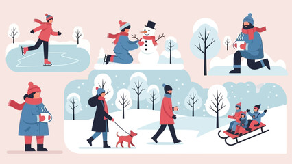 Fototapeta premium People enjoying winter activities in a snowy landscape.
