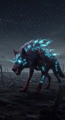 Fototapeta premium Undead canine creature glows with ethereal blue symbols beneath a starry, dark sky over a desolate battlefield.