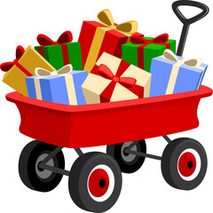 Vector illustration of a red wagon filled with brightly wrapped gifts.