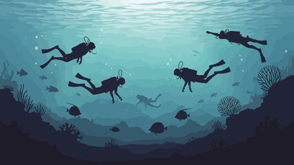 Scuba divers exploring underwater ocean landscape with marine life. © Abhinaya Project