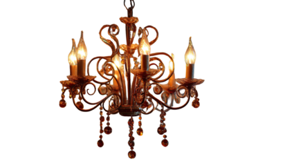 Elegant vintage crystal chandelier warm glowing candle lights ornate glass decor luxury interior isolated on white background