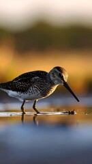 A sandpiper wades in shallow water, its beak poised. The blurred background is lit with golden light. A serene scene