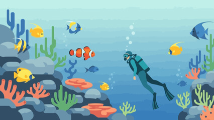 Underwater scene with scuba diver surrounded by colorful fish and coral reef. © Abhinaya Project