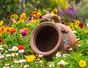 A rustic, terracotta jug sits in a vibrant flower bed with various colored blossoms and lush greenery in sunlight