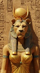 Ancient Egyptian deity sculpture featuring a lioness head and solar disc headdress stands against a hieroglyph-covered wall