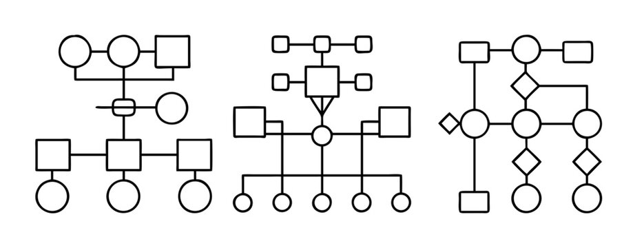 Diverse set of three black and white genetic pedigree charts on a white