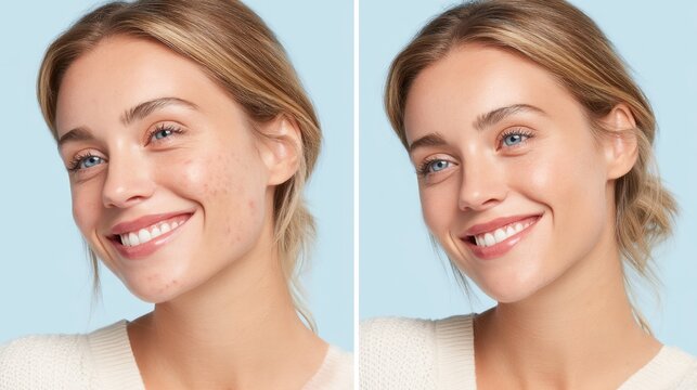 Smiling Young Woman with Skin Comparison Before and After Treatment