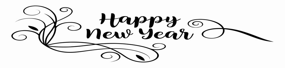 Happy New Year Calligraphy with Decorative Swirls Vector