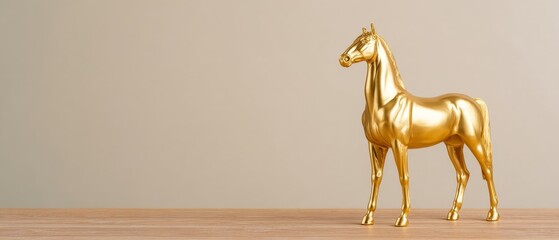 Golden horse sculpture showcase art gallery decorative object minimalist space close-up view luxury concept