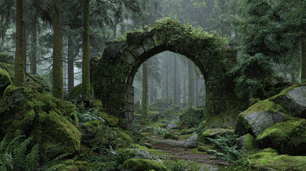 An ancient stone archway enveloped by lush green moss and a mysterious forest, creating an enchanting scene