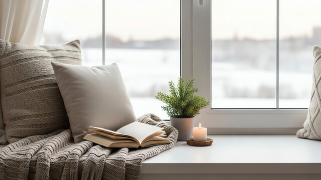 Cozy reading nook with warm blanket and candles by winter window - Powered by Adobe