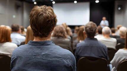 Obraz premium A group of people attentively watching a presentation on a large screen in a conference room