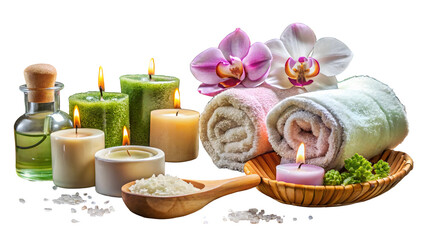 A serene spa setup with candles, towels, and orchids on a black background, inviting relaxation and wellness.