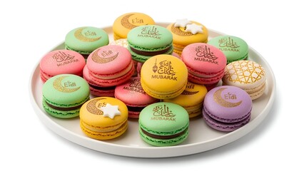 White ceramic plate filled with assorted Eid macarons, isolated on a clean surface, viewed from directly above, showcasing a variety of colorful desserts