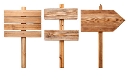 Three wooden signs on black background for direction or information