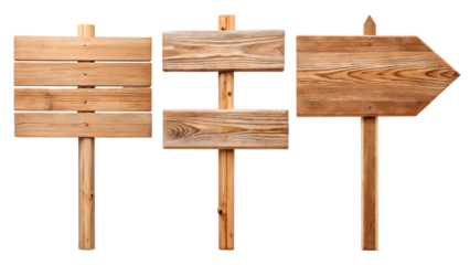 Three wooden signs on black background for direction or information