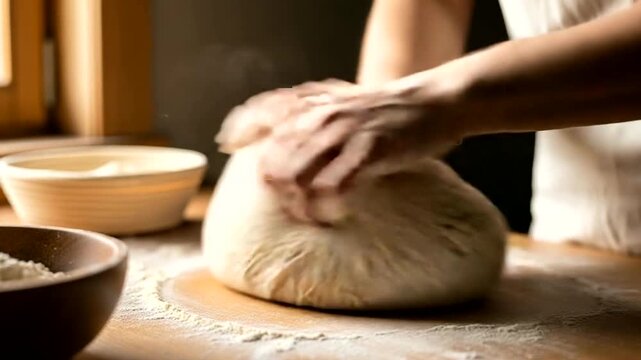 Kneading Dough for Artisan Bread in Cozy Kitchen