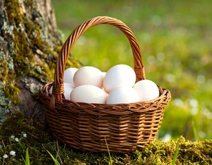 A rustic wicker basket overflowing with fresh white eggs, nestled near the textured trunk of a tree amidst vibrant green grass