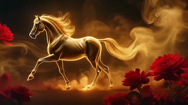 Glowing golden horse silhouette on a dark fiery background, prosperity for the Year of the Horse.