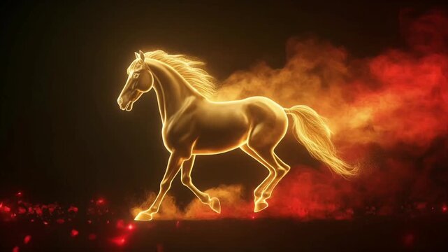 Glowing golden horse silhouette on a dark fiery background, symbolizing strength, energy, and prosperity for the Year of the Horse.