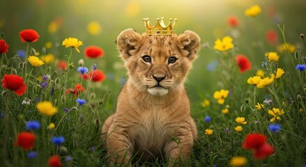 Young feline wearing a small golden crown sits amidst a vibrant, colorful meadow of wildflowers